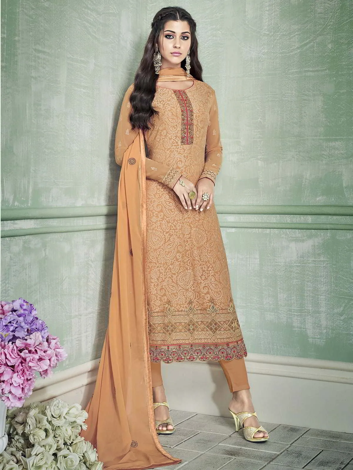 Light Orange Ethnic Embroidered Designer Pakistani Pant Suit