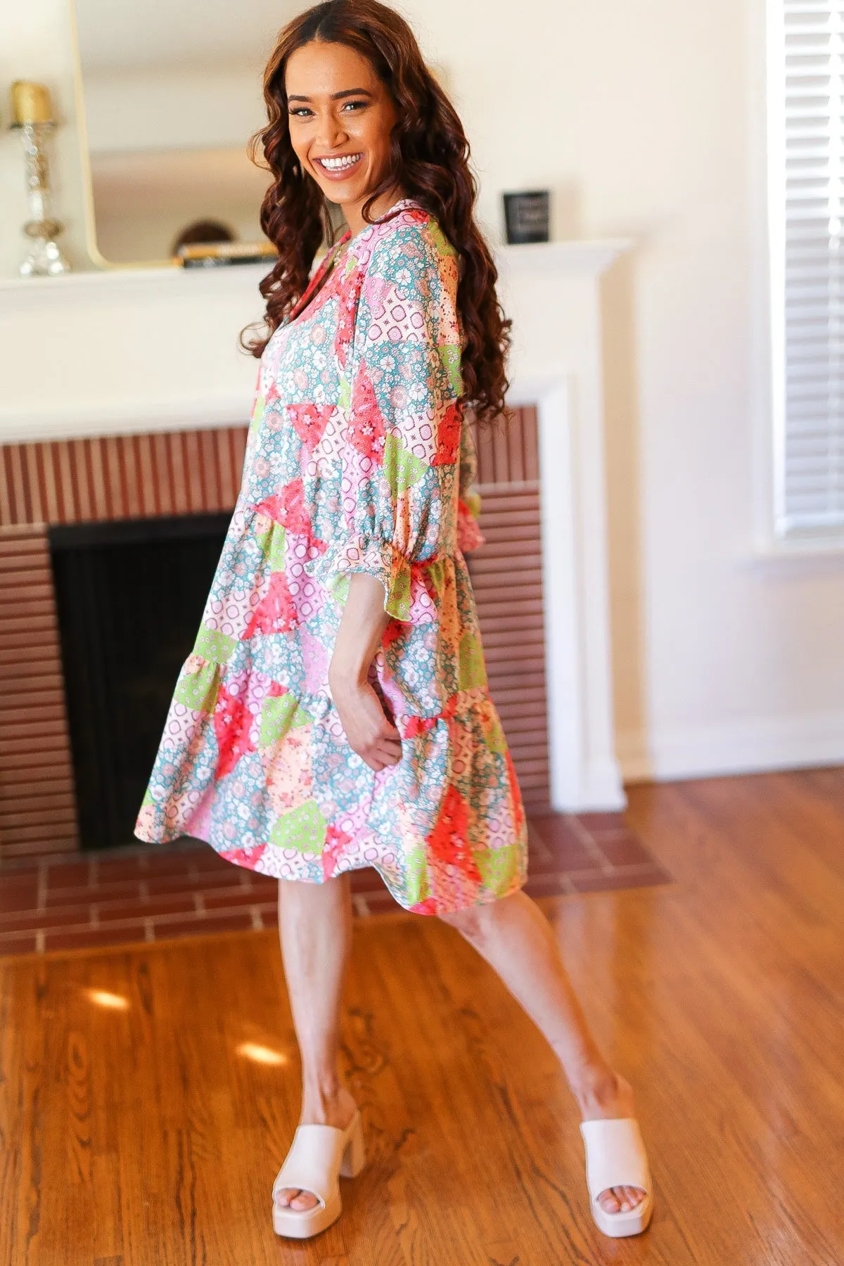 Lime & Coral Patchwork Print V Neck Dress