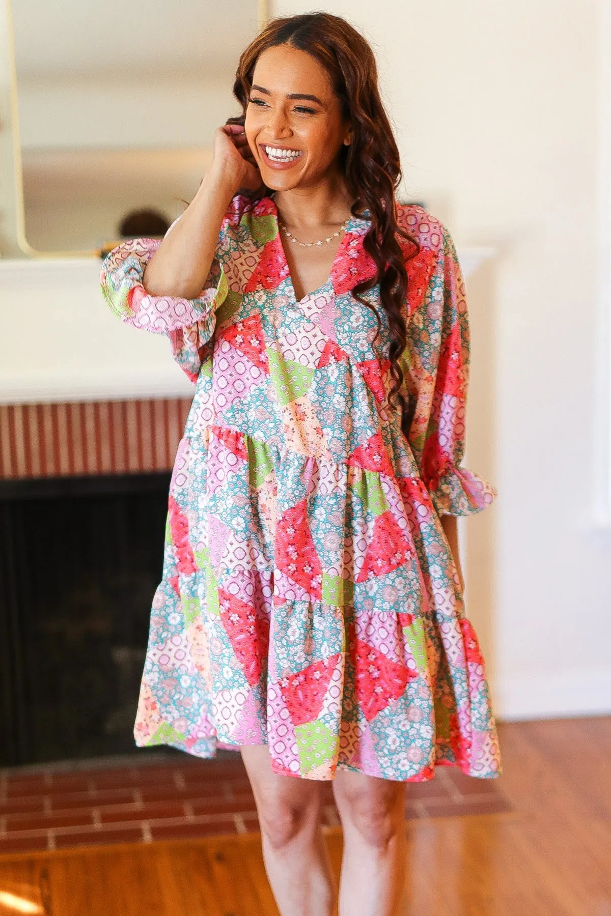 Lime & Coral Patchwork Print V Neck Dress