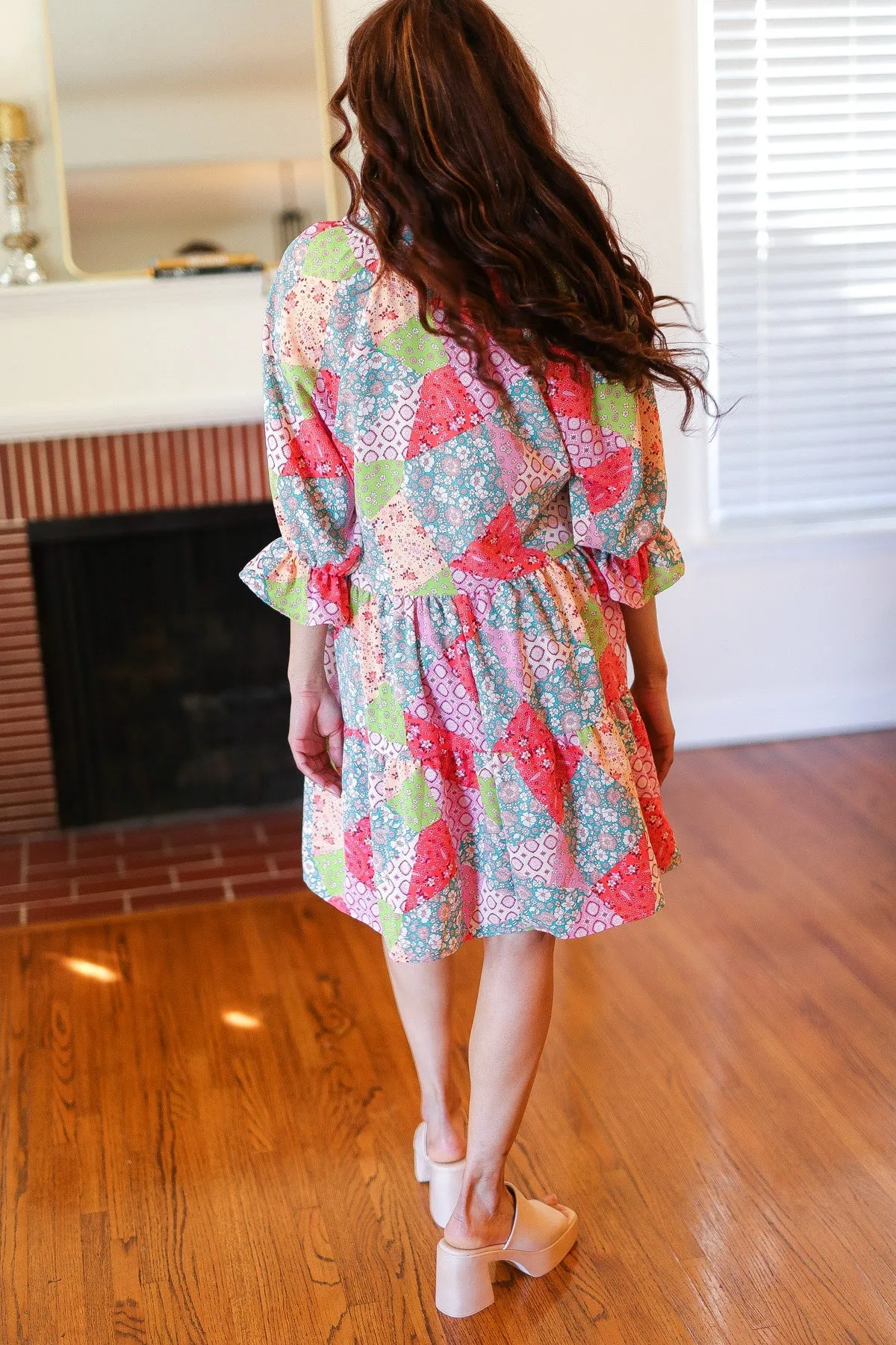 Lime & Coral Patchwork Print V Neck Dress