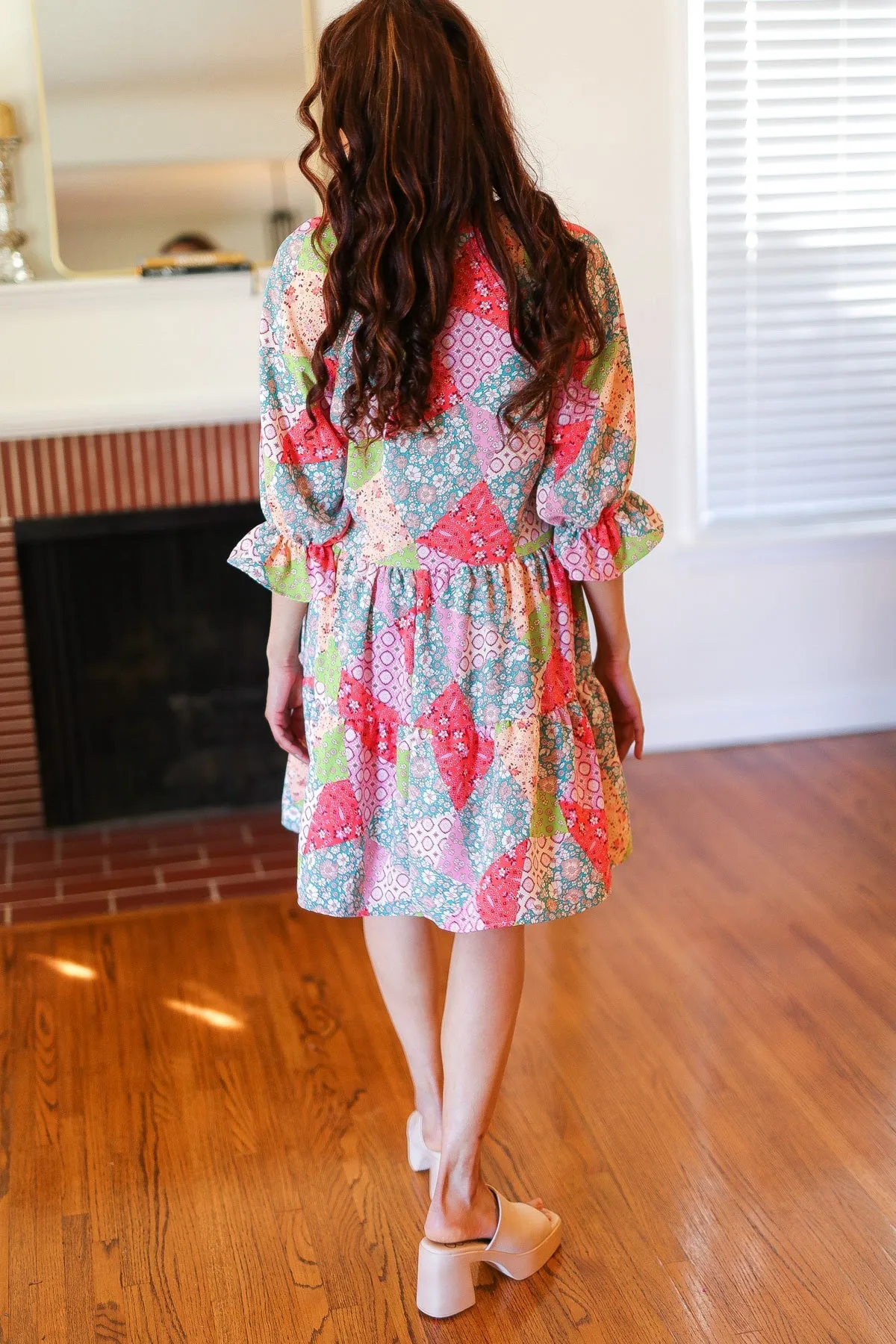 Lime & Coral Patchwork Print V Neck Dress