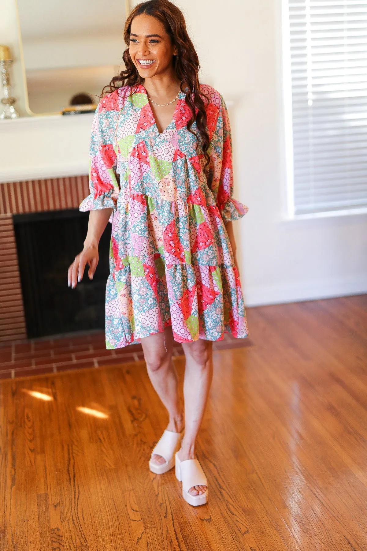 Lime & Coral Patchwork Print V Neck Dress