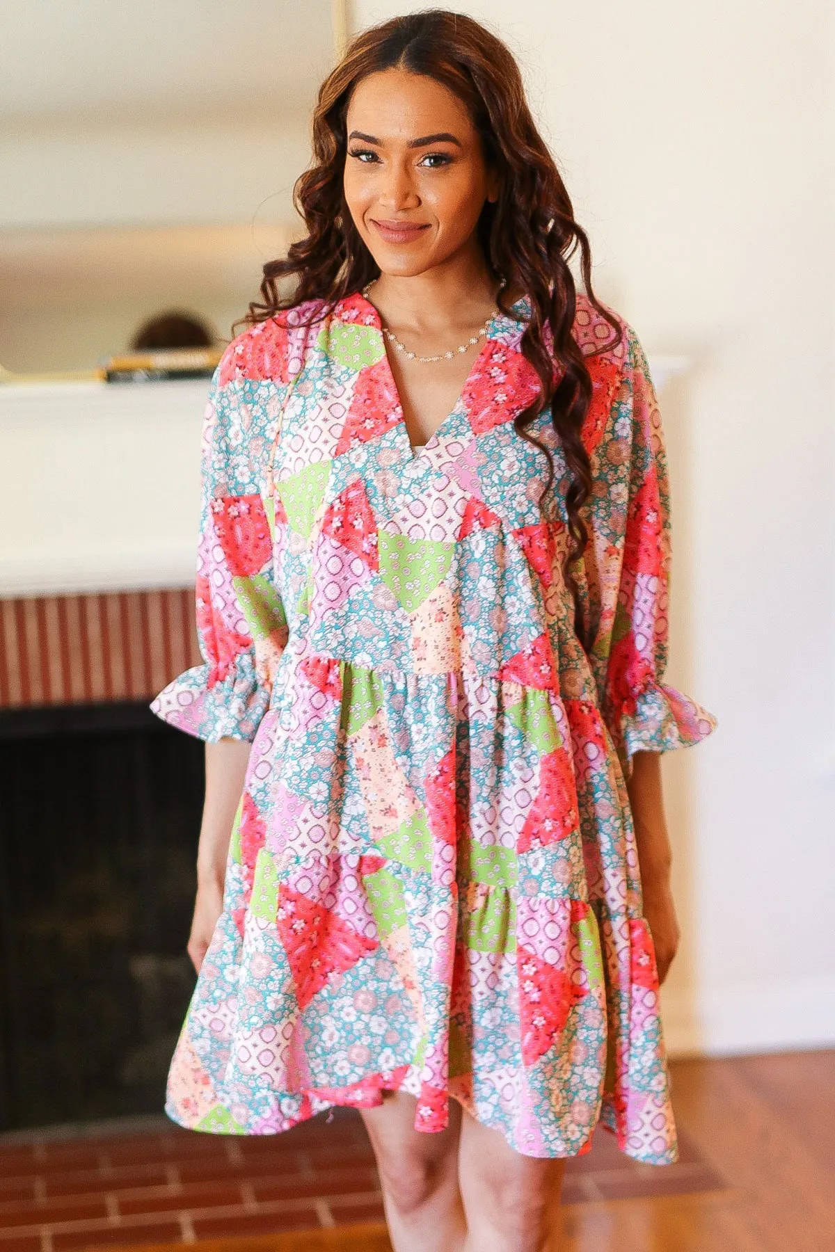 Lime & Coral Patchwork Print V Neck Dress