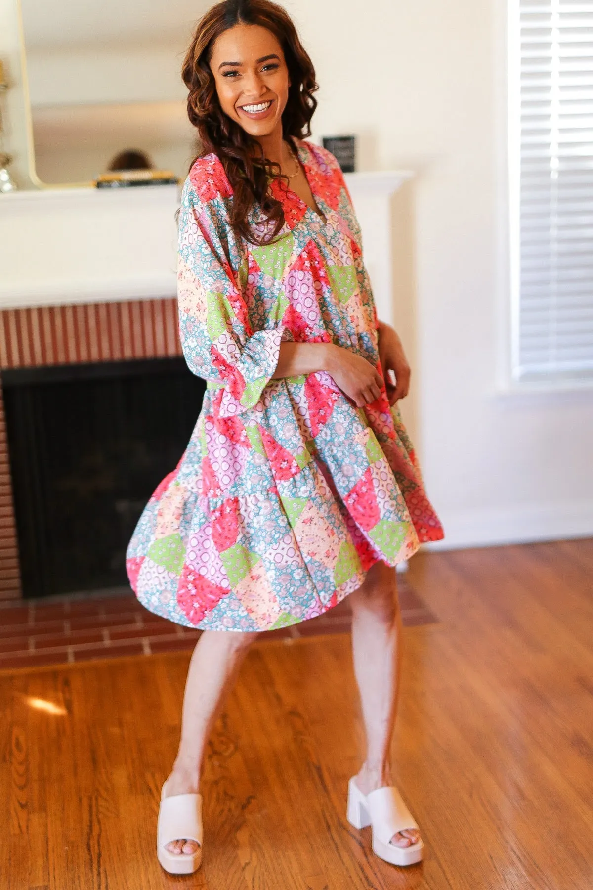 Lime & Coral Patchwork Print V Neck Dress