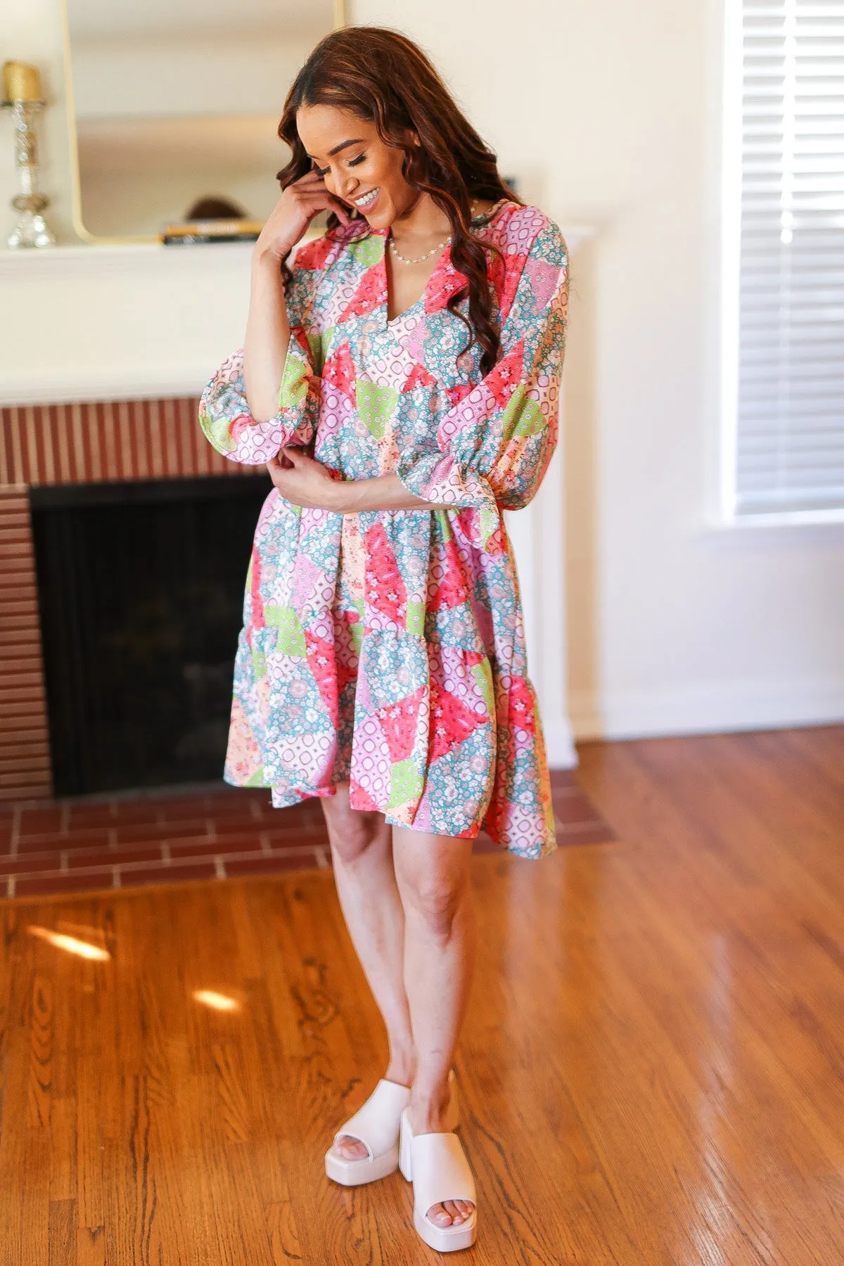 Lime & Coral Patchwork Print V Neck Dress