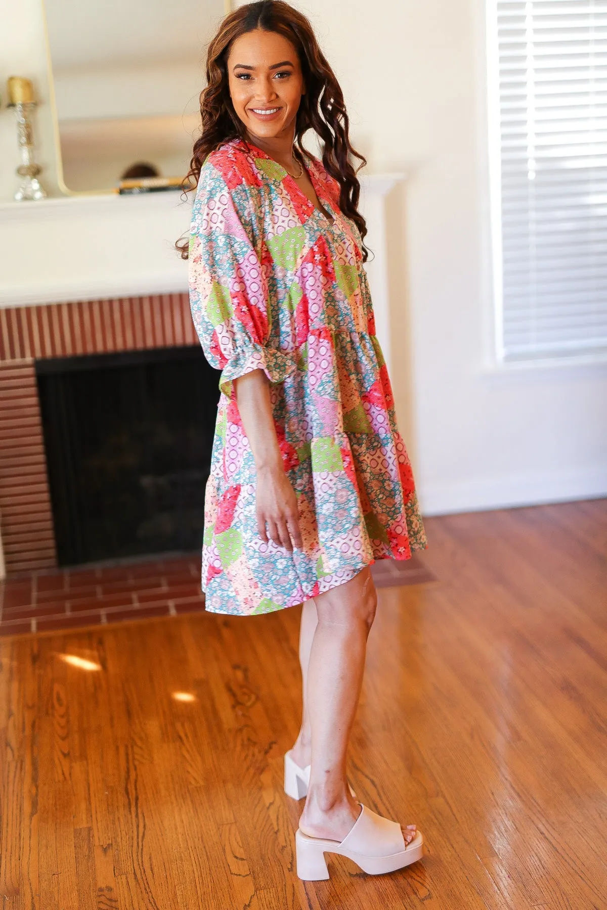 Lime & Coral Patchwork Print V Neck Dress