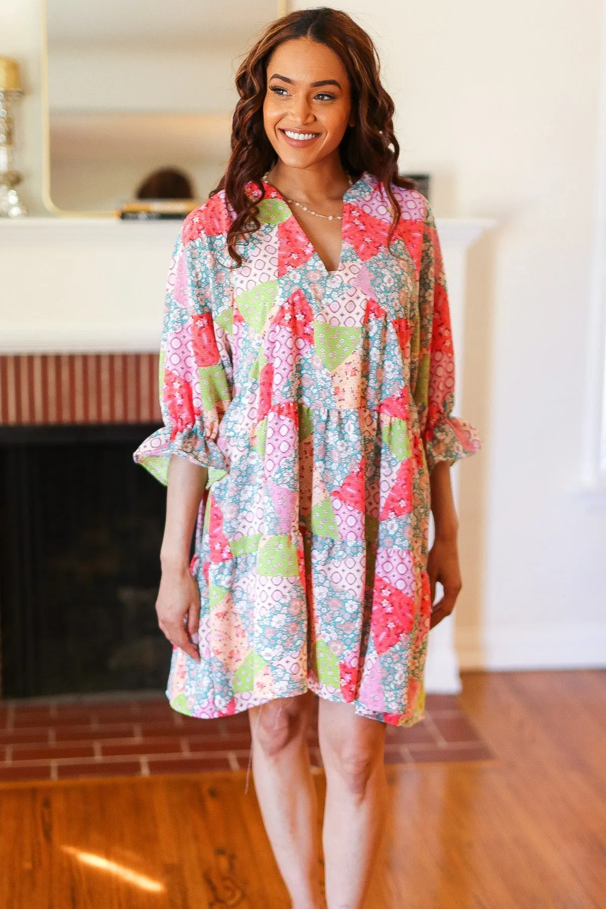 Lime & Coral Patchwork Print V Neck Dress