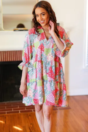 Lime & Coral Patchwork Print V Neck Dress