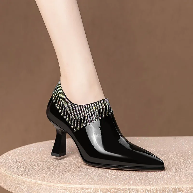 LuxeCrystal Pointed Toe Slip-On Cuban Heel Pumps