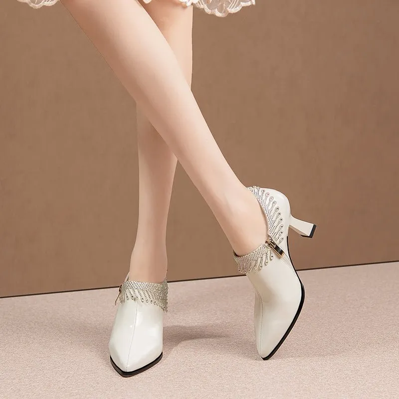 LuxeCrystal Pointed Toe Slip-On Cuban Heel Pumps