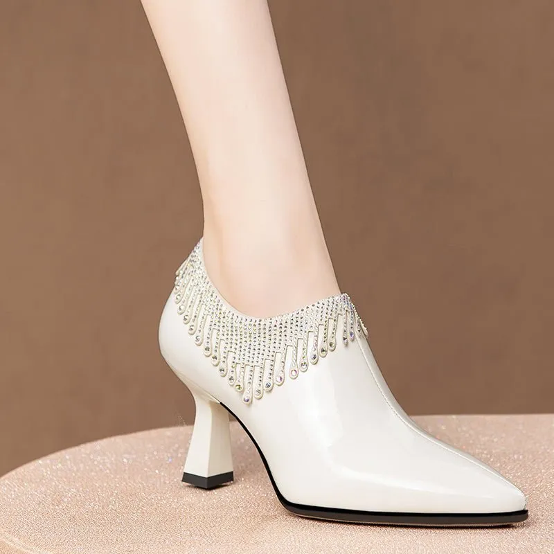 LuxeCrystal Pointed Toe Slip-On Cuban Heel Pumps