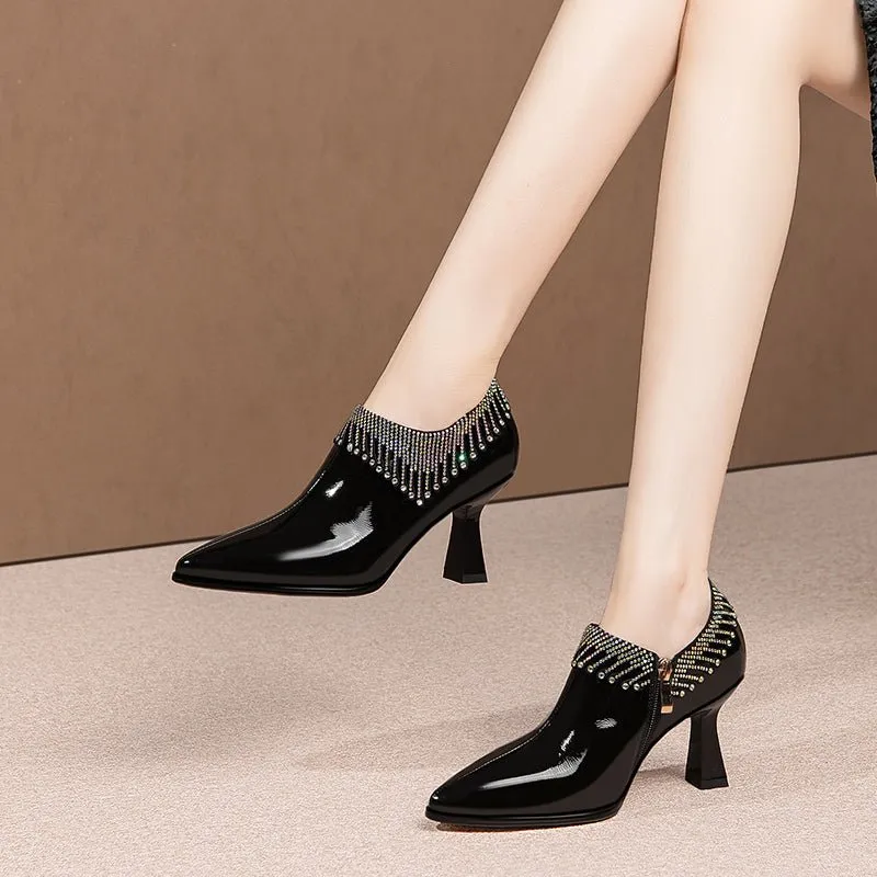 LuxeCrystal Pointed Toe Slip-On Cuban Heel Pumps