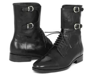 Men Cap toe Boots, Men Black High Ankle Lace Up Monk Strap Leather Boot