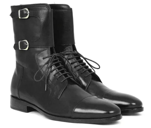 Men Cap toe Boots, Men Black High Ankle Lace Up Monk Strap Leather Boot