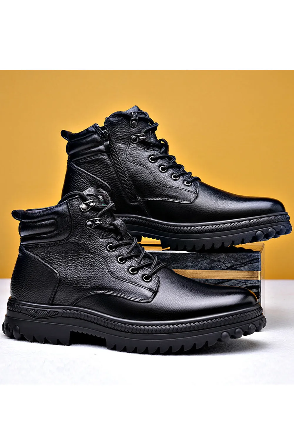 Men PU Leather Thick Rubber Soled Trendy Solid Colored High Top Comfortable Lace Up Hiking Boots - MSFHB95051