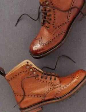 Men Tan Color Wing Tip Brogue Boots, Men Ankle Leather Boots For Men's