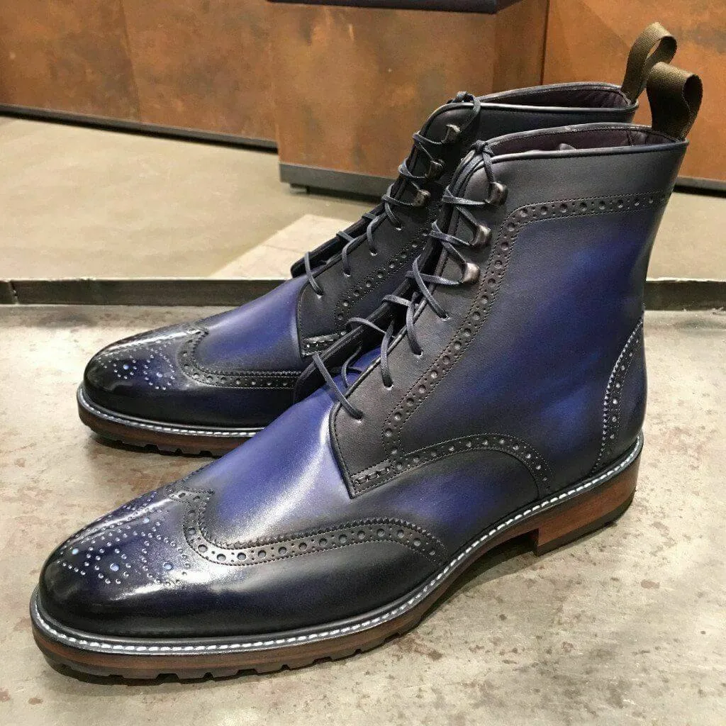 Men's Handmade Ankle High Blue Wing Tip Brogue Leather Lace Up Boot