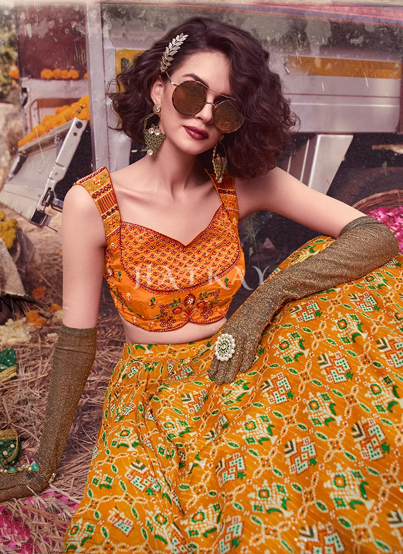 Mustard Yellow Digital Printed Designer Chinon Lehenga Choli