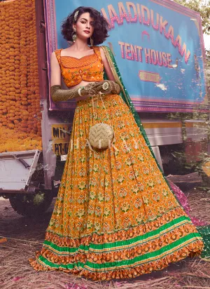 Mustard Yellow Digital Printed Designer Chinon Lehenga Choli