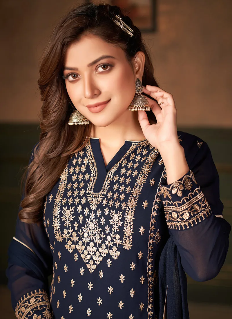 Navy Blue Embroidered Designer Georgette Palazzo Suit