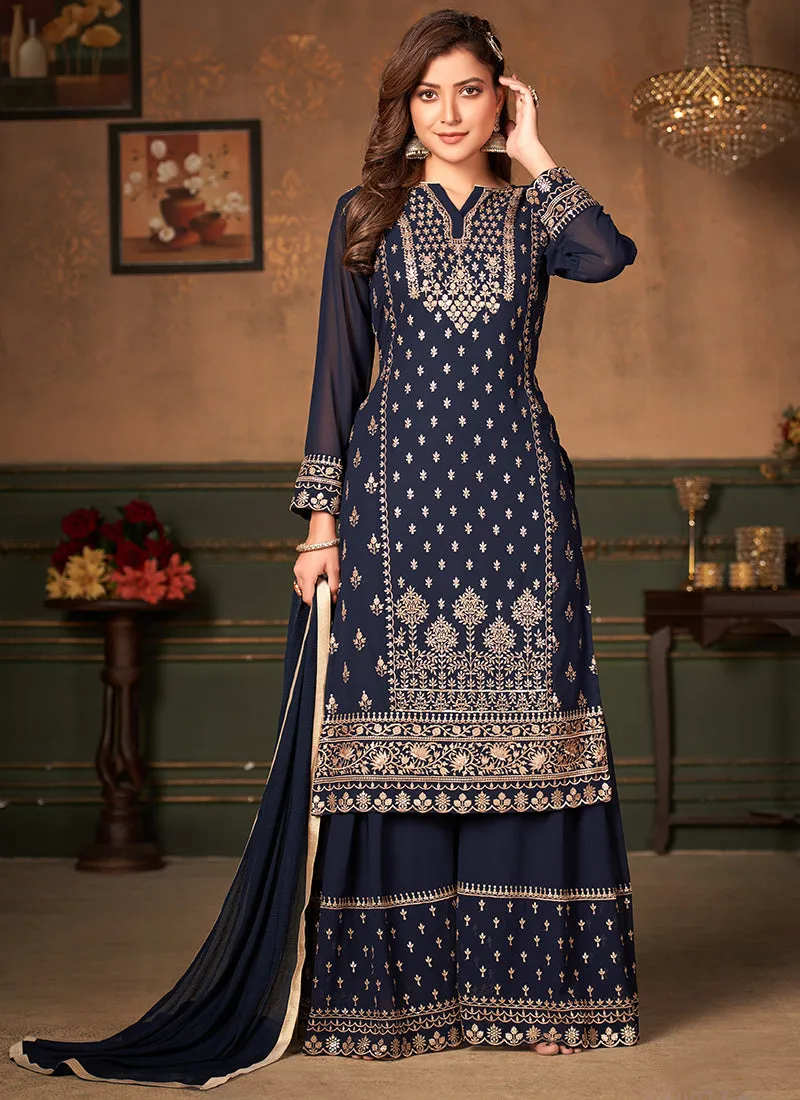 Navy Blue Embroidered Designer Georgette Palazzo Suit