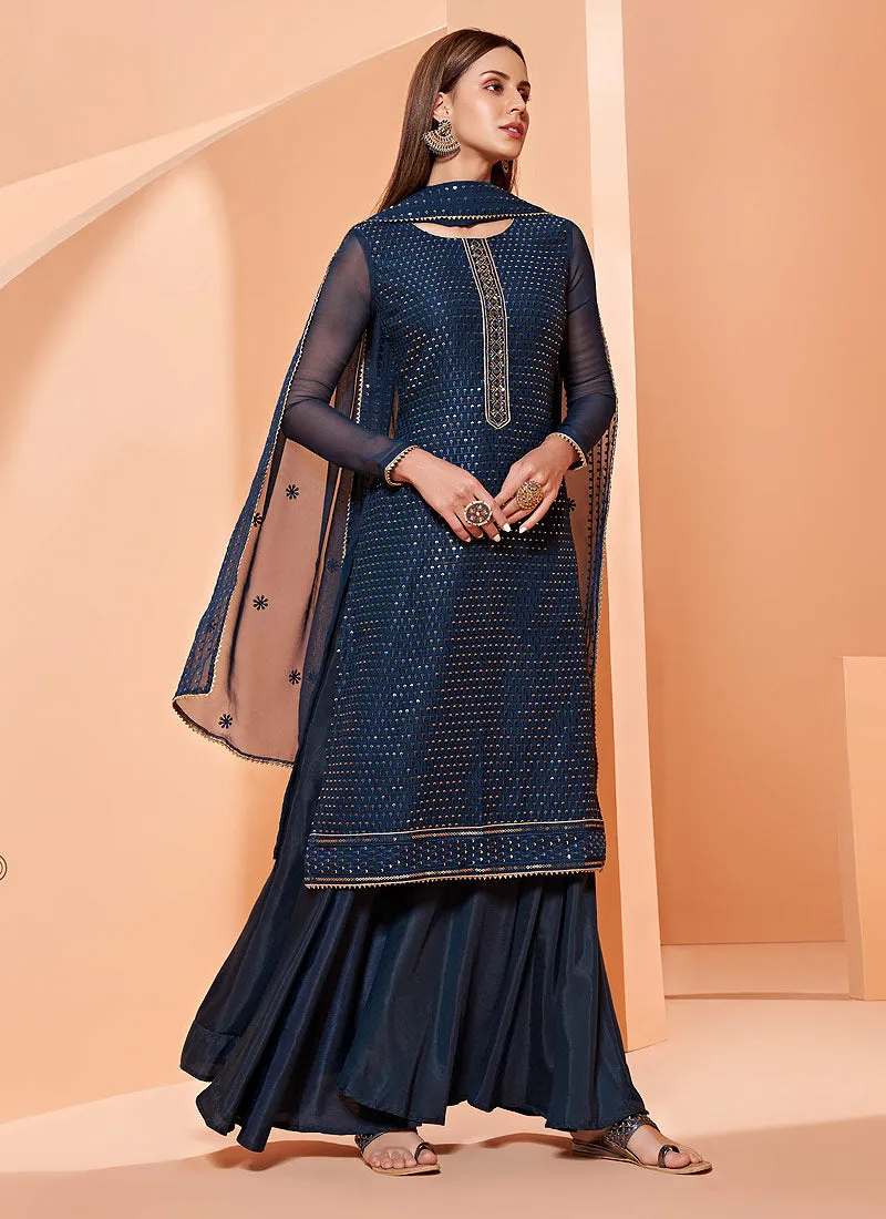 Navy Blue Georgette Designer Palazzo Suit