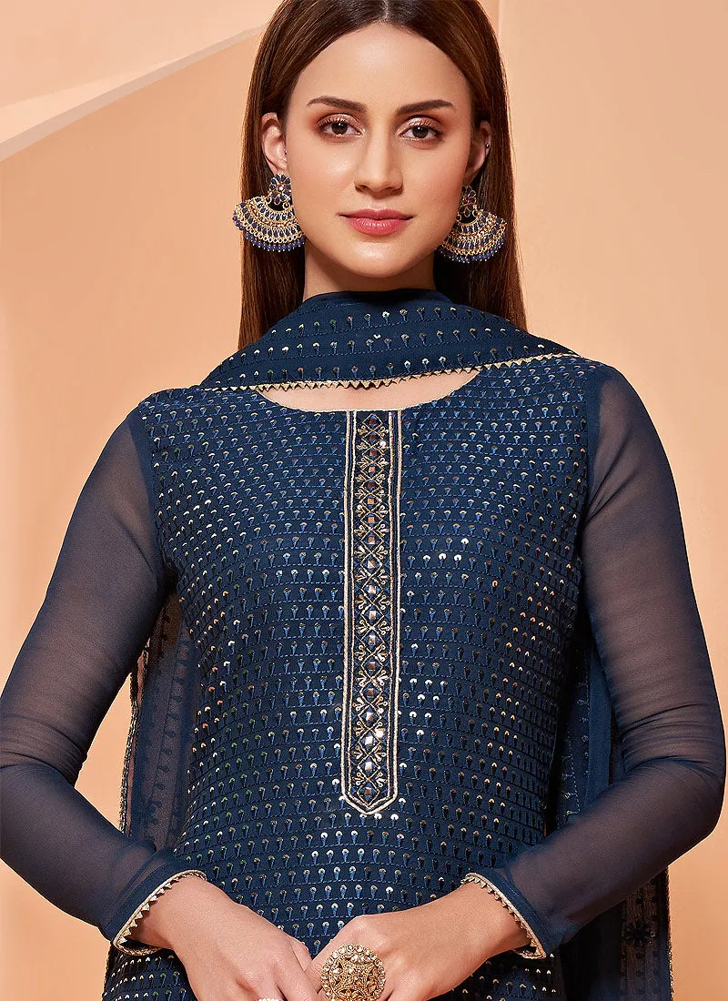 Navy Blue Georgette Designer Palazzo Suit