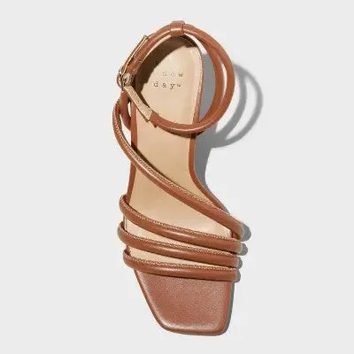 New - A New Day Women's Chunky Block High Heel Buckle Sandals Asymmetric Ankle Strap