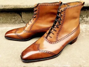 New Handmade Men's fashion Tan Color Ankle High Leather Boots