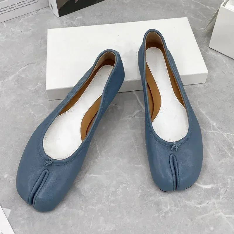 new sheepskin split toe single shoes women's leather flat bottom pig's hoof grandma shoes shallow mouth ballet Lefu shoes flats