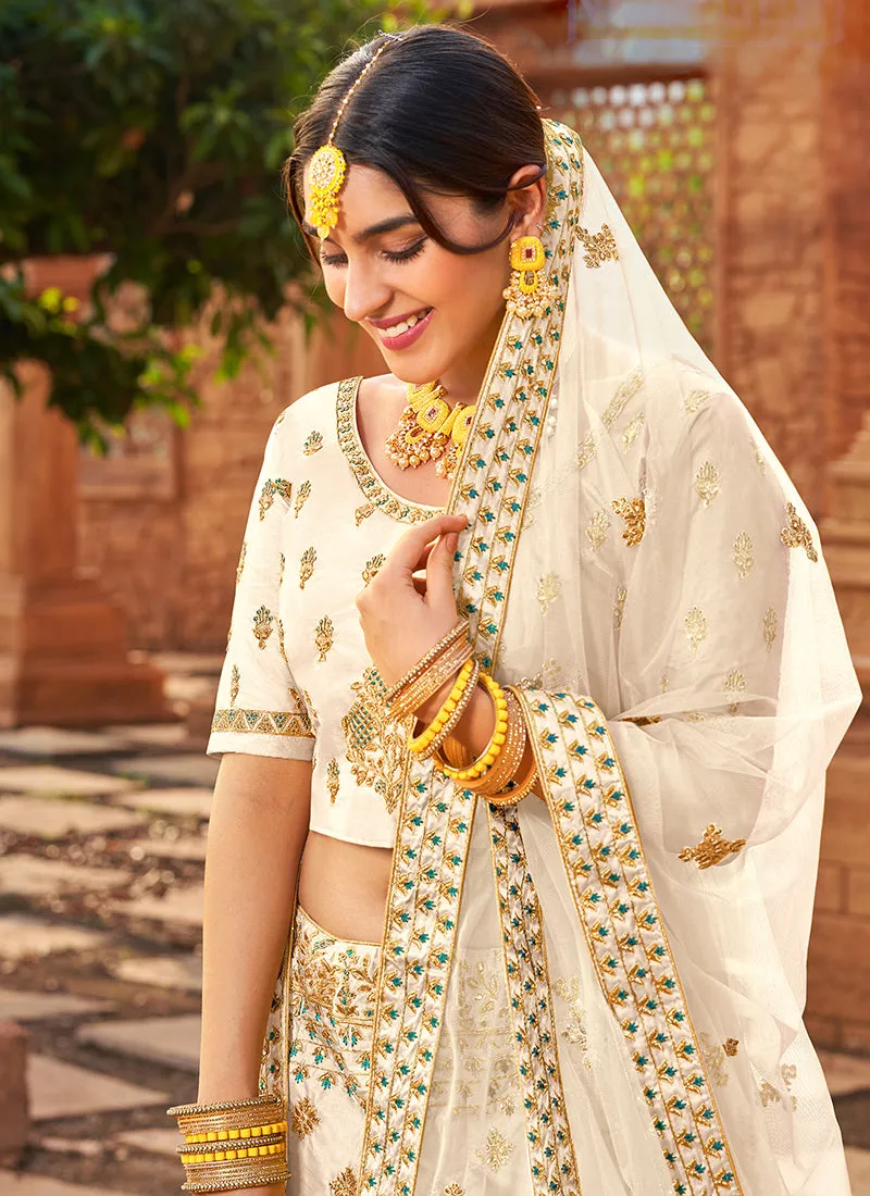 Off White Zari Embroidered Wedding Lehenga Choli