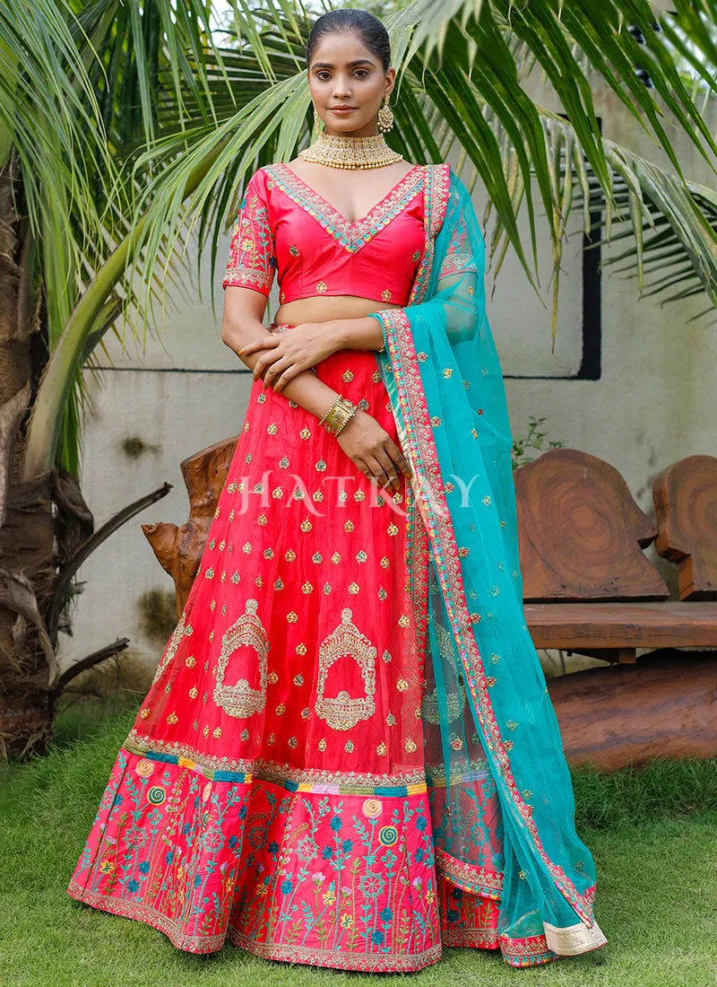 Pink And Blue Multi Embroidery Silk Lehenga Choli