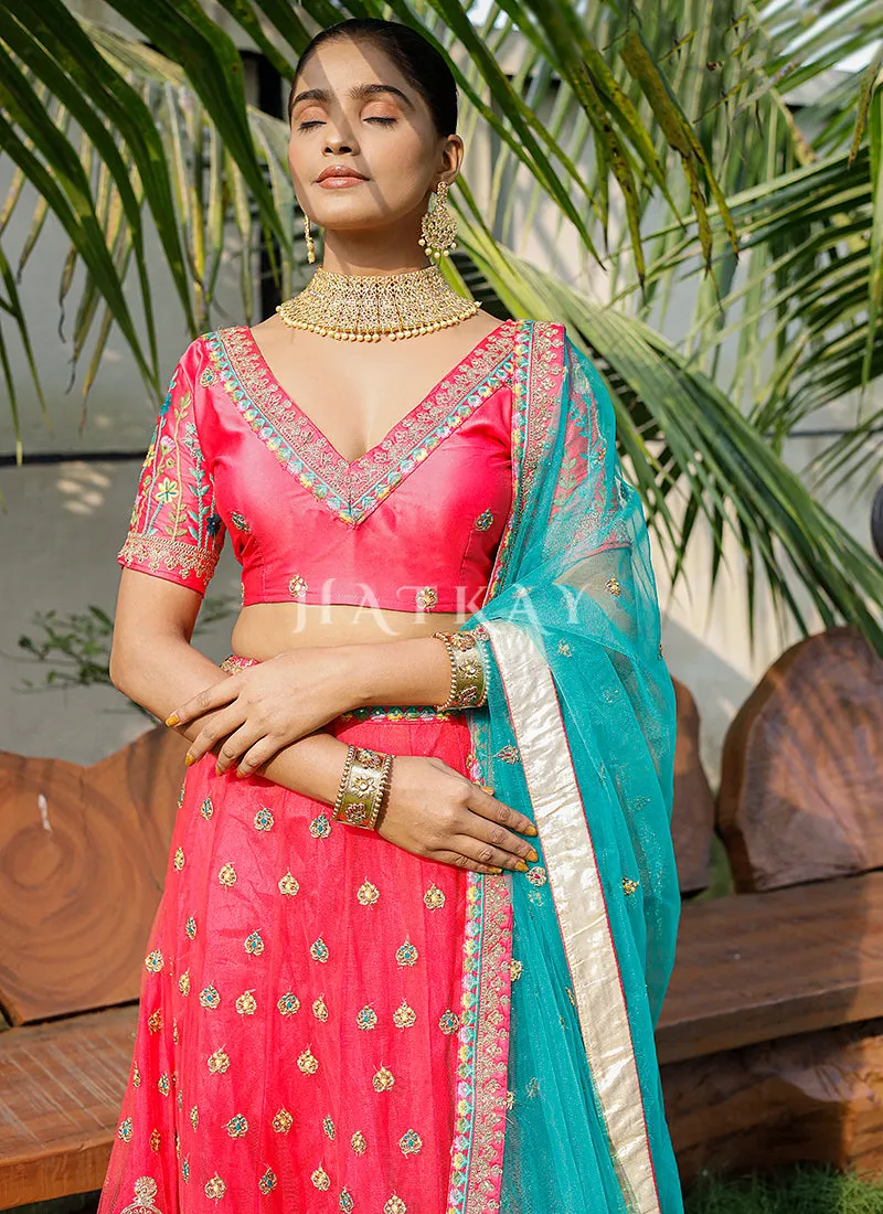 Pink And Blue Multi Embroidery Silk Lehenga Choli