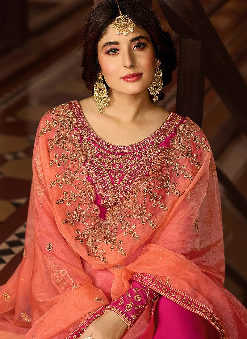 Pink And Orange Multi Embroidered Designer Pakistani Pant Suit