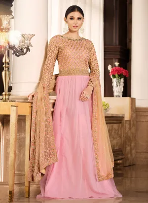 Pink Golden Zari Embroidered Designer Anarkali Suit