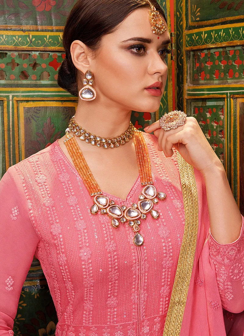 Pink Lucknowi Embroidered Anarkali Palazzo Suit