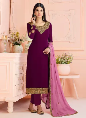 Plum And Pink Traditional Embroidered Pant Style Suit