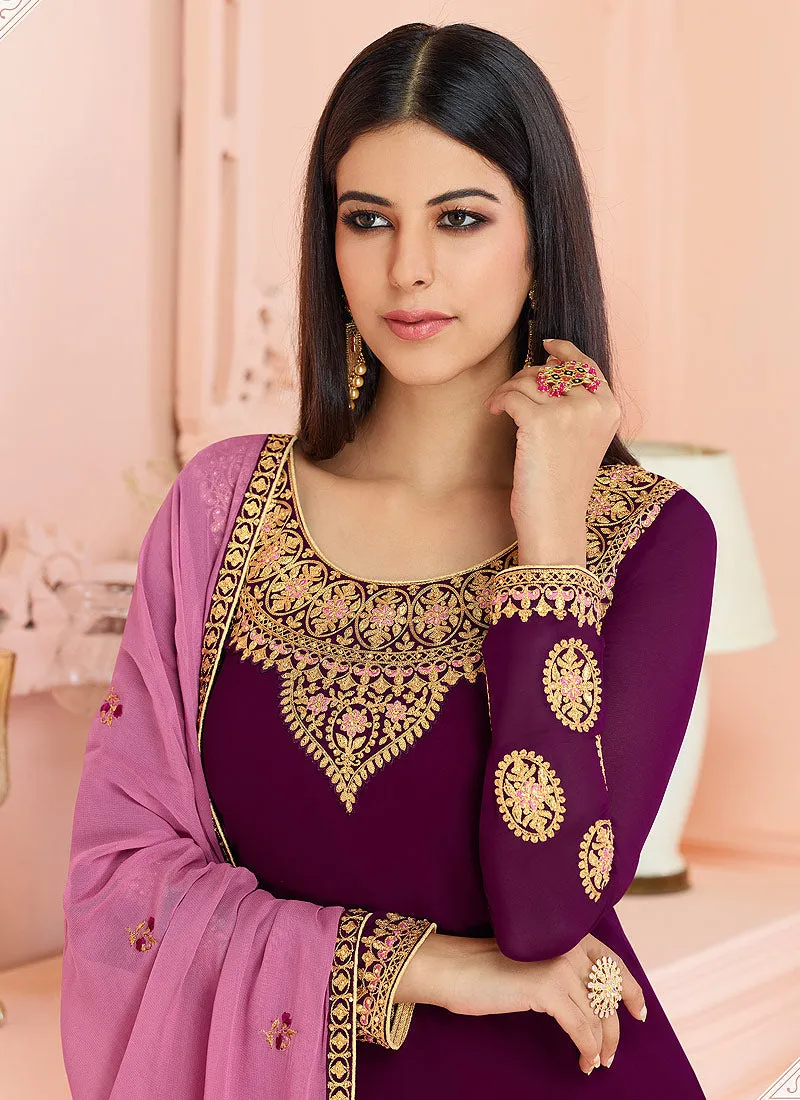 Plum And Pink Traditional Embroidered Pant Style Suit