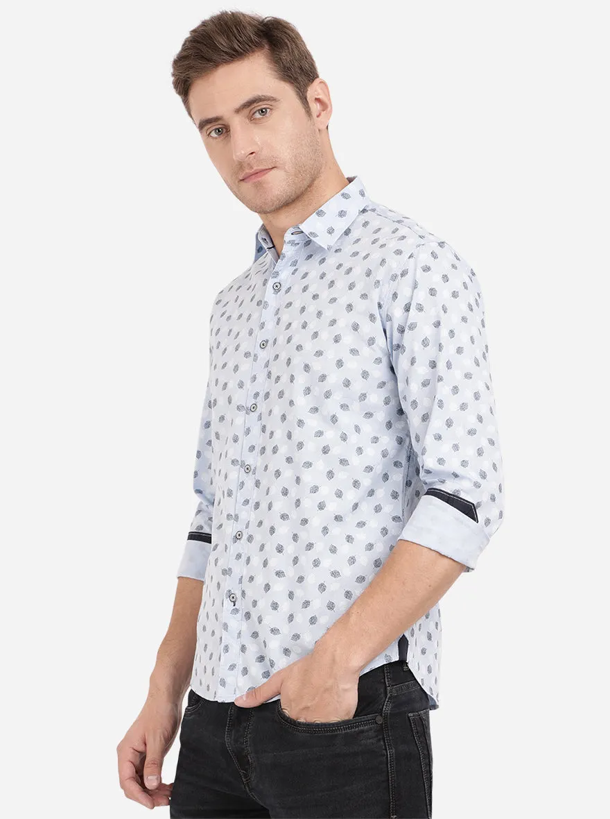 Powder Blue Printed Slim Fit Semi Casual Shirt | Greenfibre