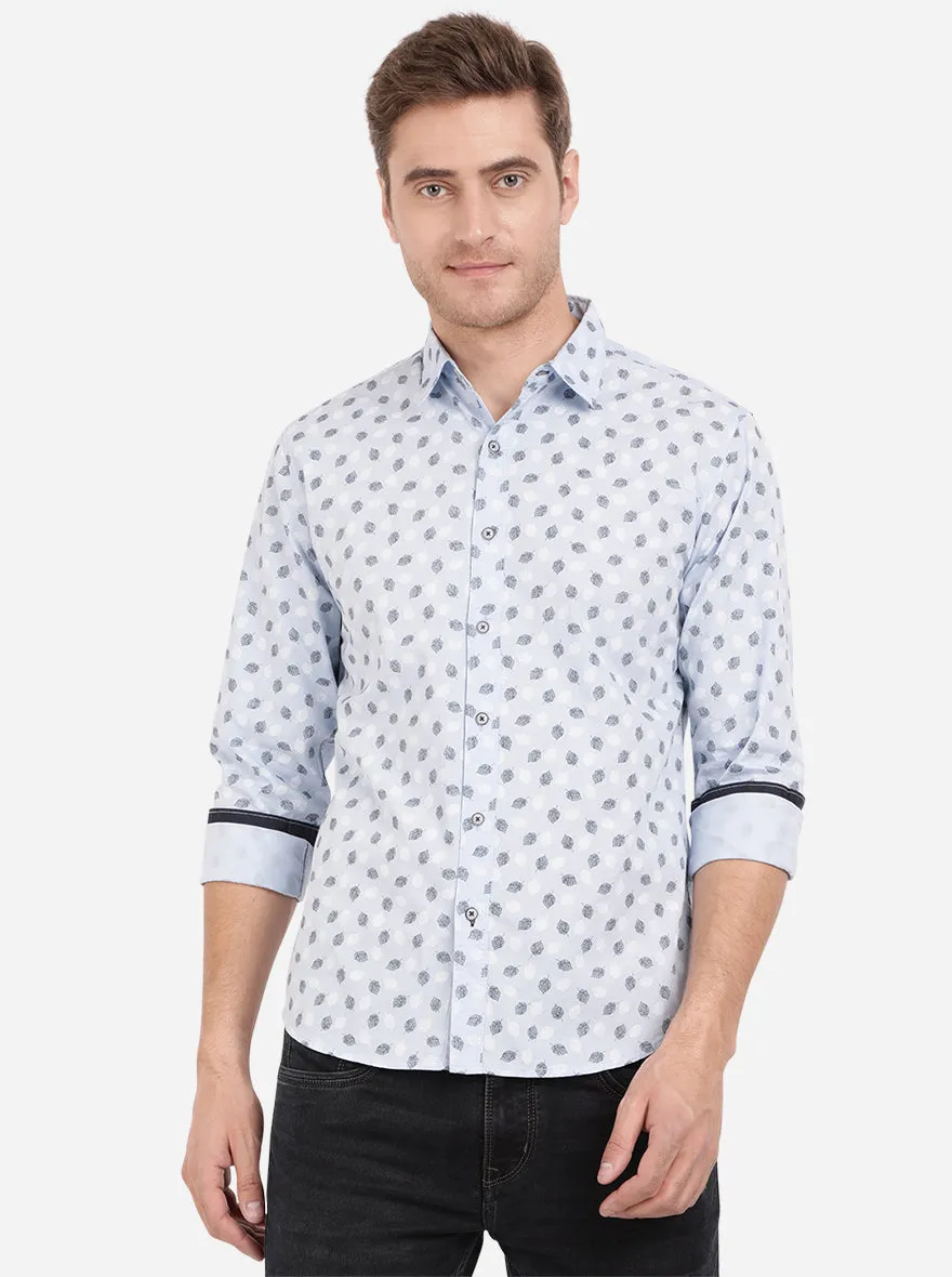 Powder Blue Printed Slim Fit Semi Casual Shirt | Greenfibre