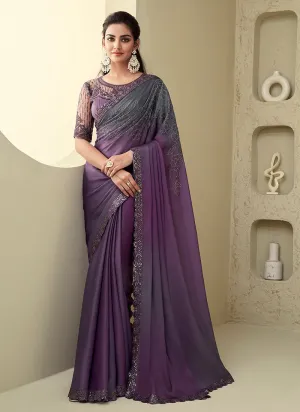 Purple Shaded Sequence Embroidery Designer Silk Saree