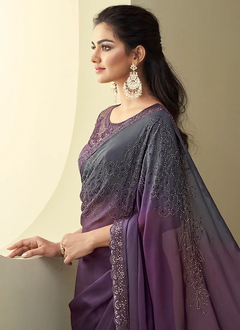 Purple Shaded Sequence Embroidery Designer Silk Saree