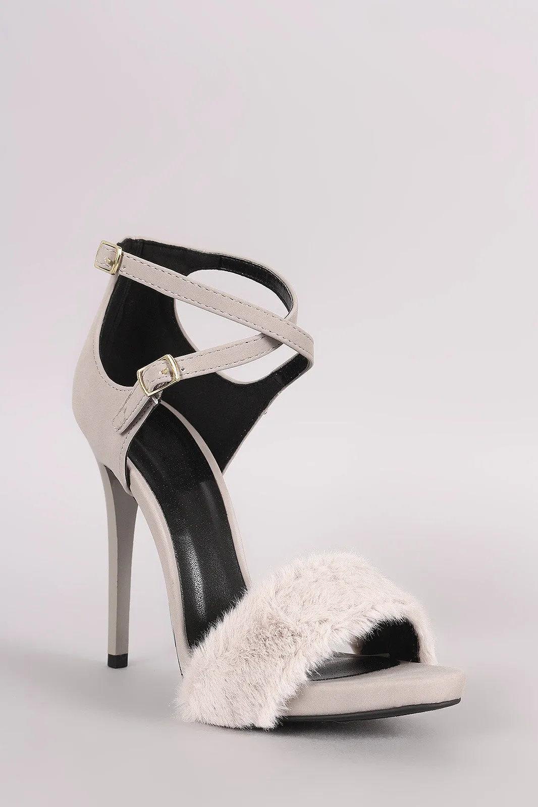 Qupid Nubuck Faux Fur Band Crisscross Ankle Strap Stiletto Heel