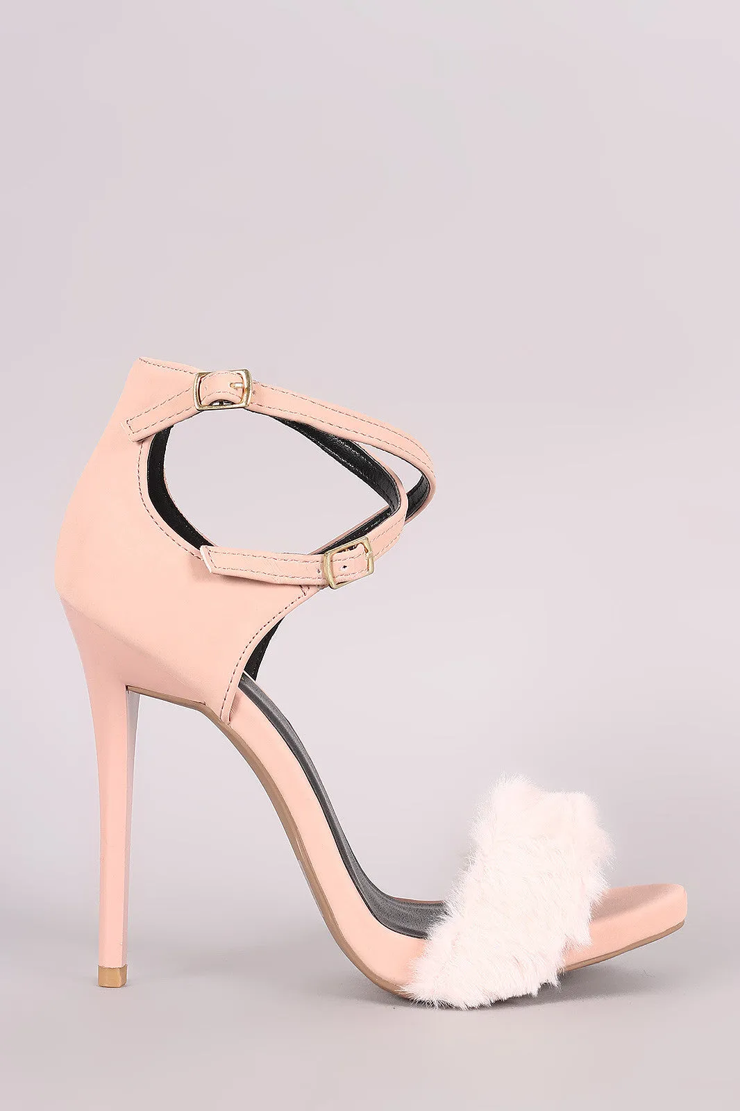 Qupid Nubuck Faux Fur Band Crisscross Ankle Strap Stiletto Heel