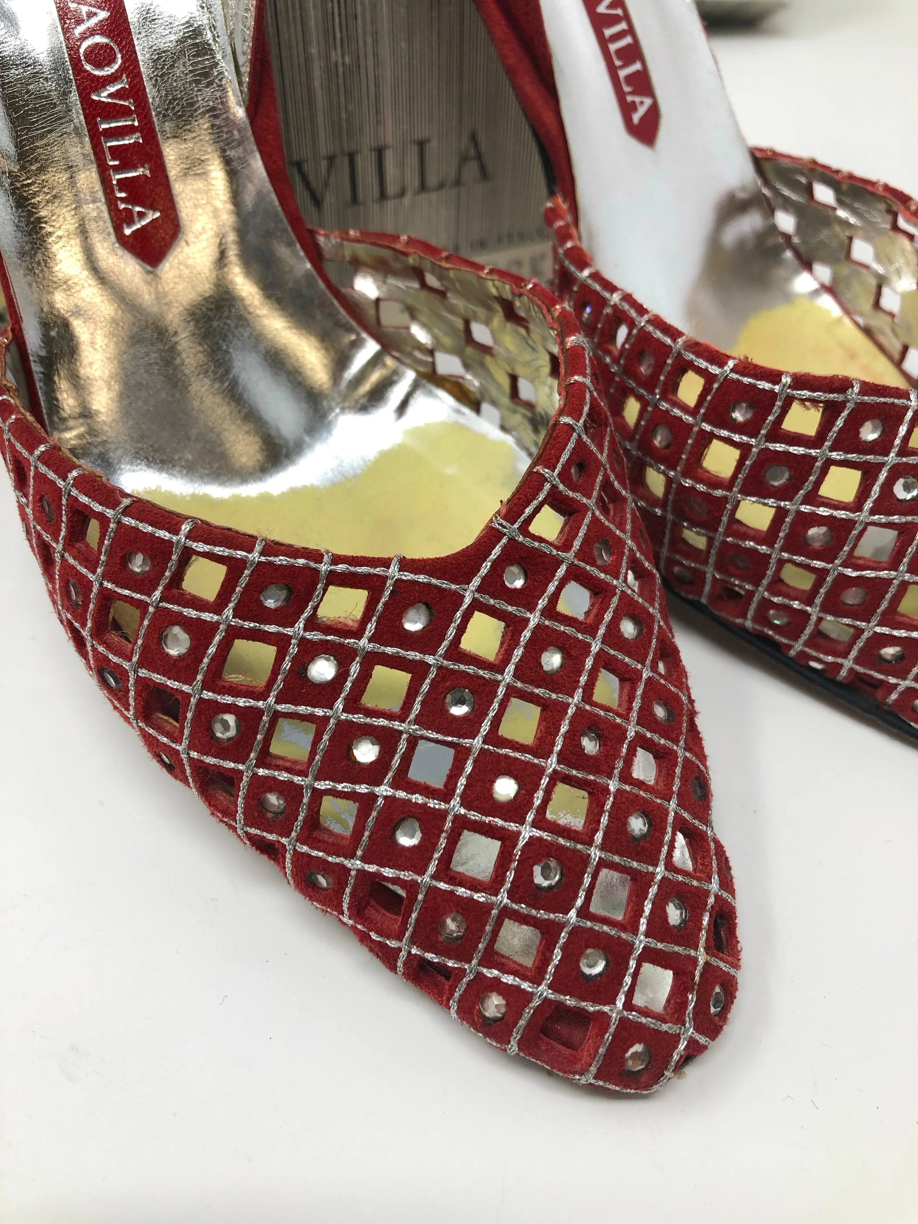 Rene Caovilla Slingback Heels Red Suede with Diamante Size 6.5 (UK4.5)