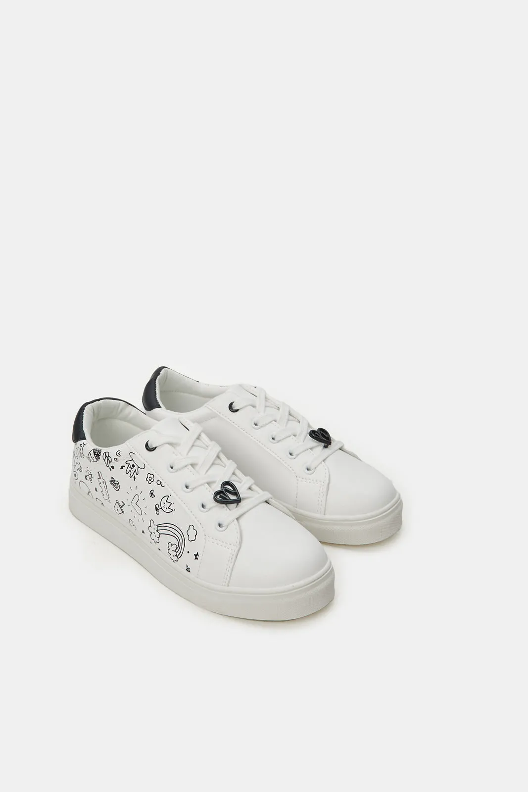 Senior Girls White Printed Sneakers