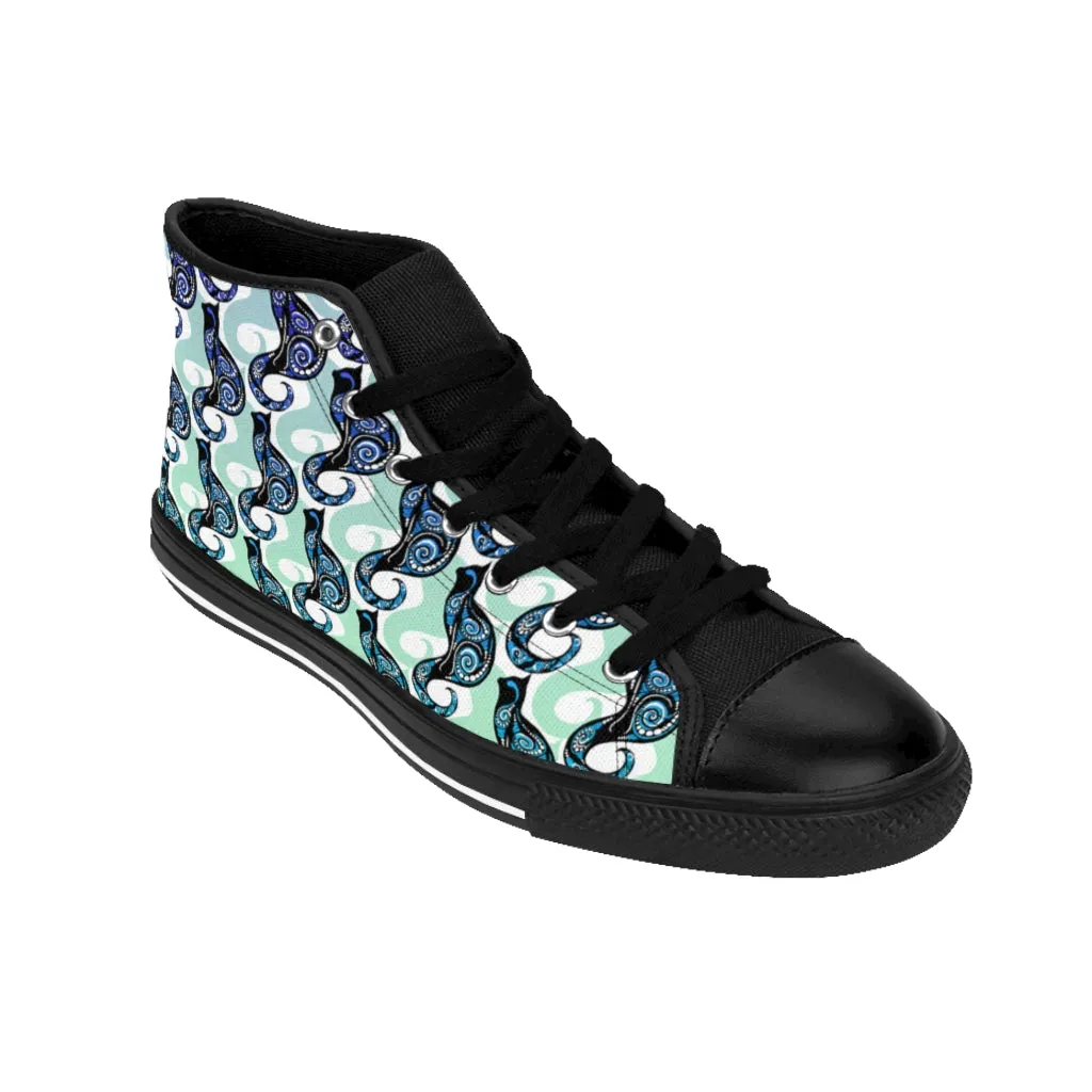 Sky Blue Swirly Cats Women's High-top Sneakers