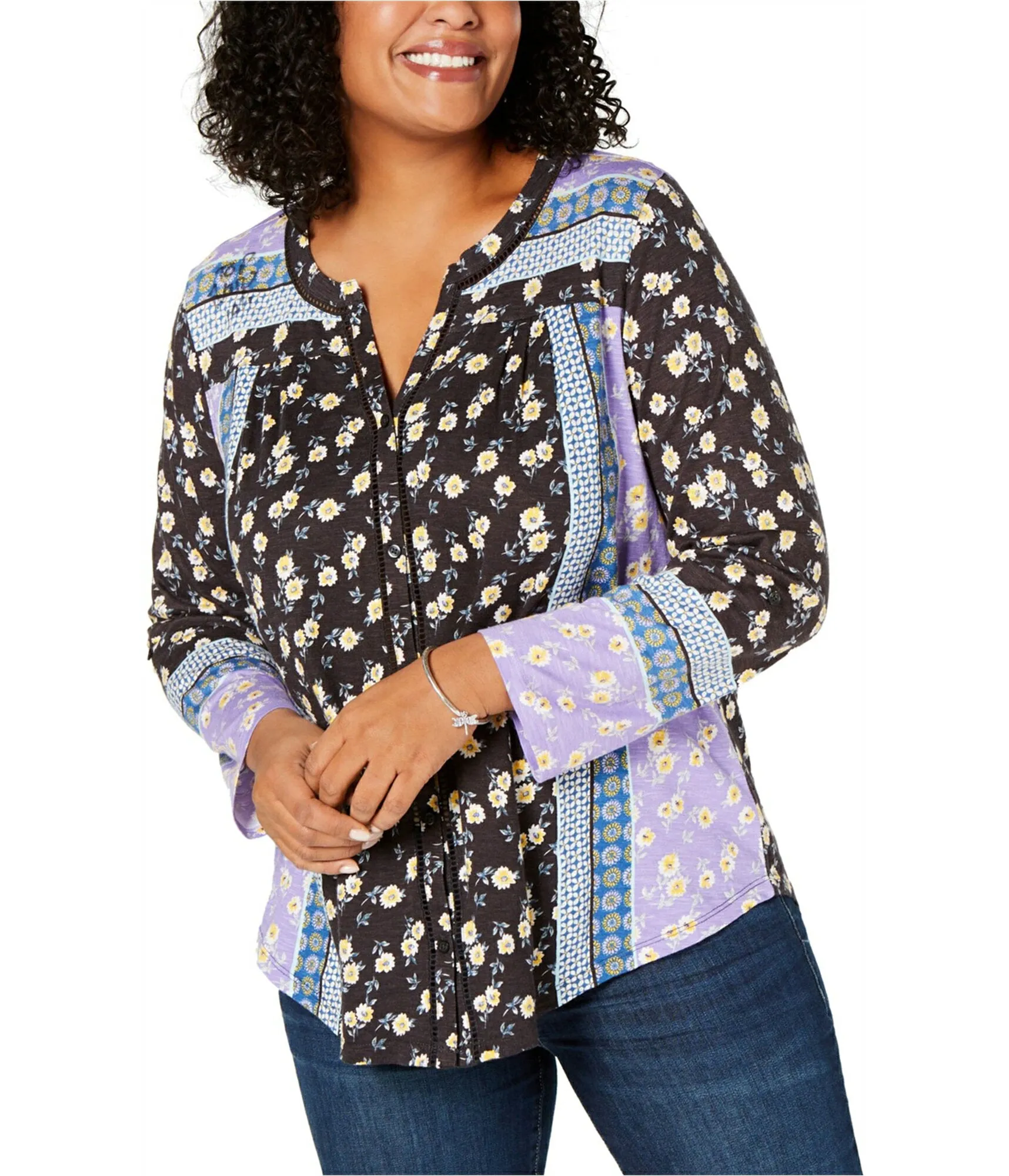 Style & Co. Womens Mixed Button Down Blouse