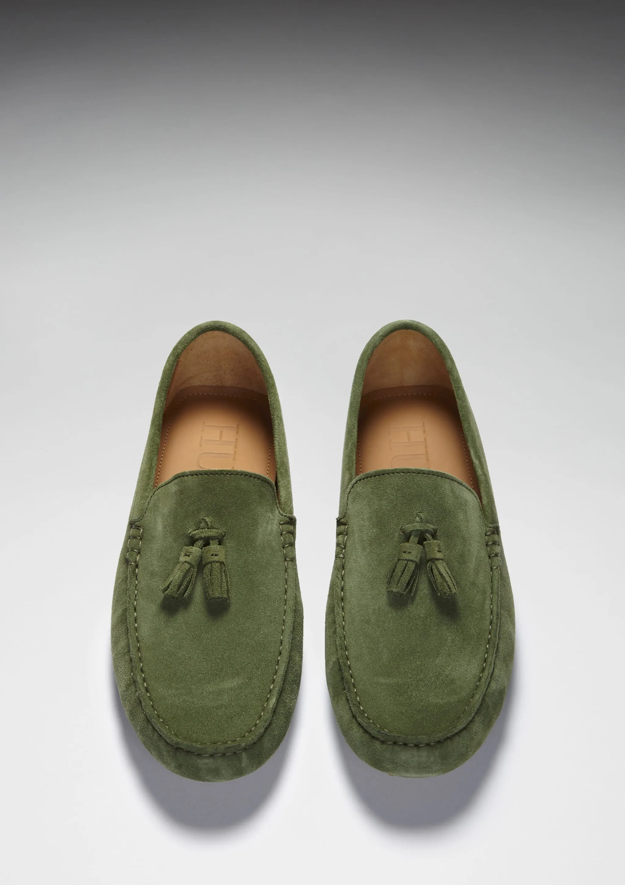 Tasselled Driving Loafers, safari green suede